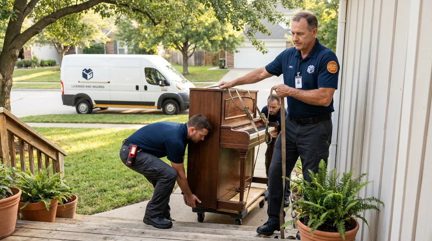 Licensed piano movers securing grand piano in Falls Creek, PA