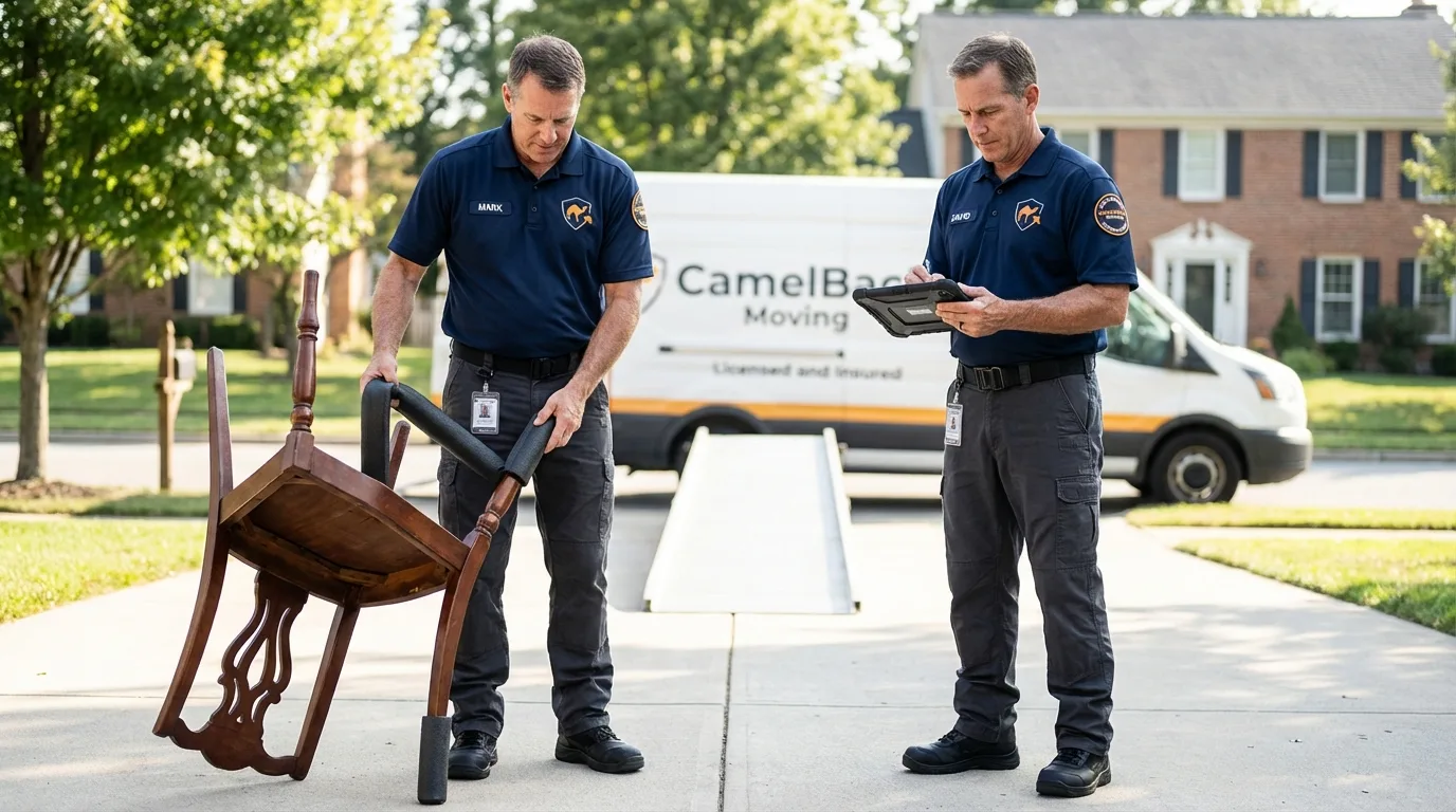 Movers inspecting furniture for damage prevention before loading in Falls Creek, PA