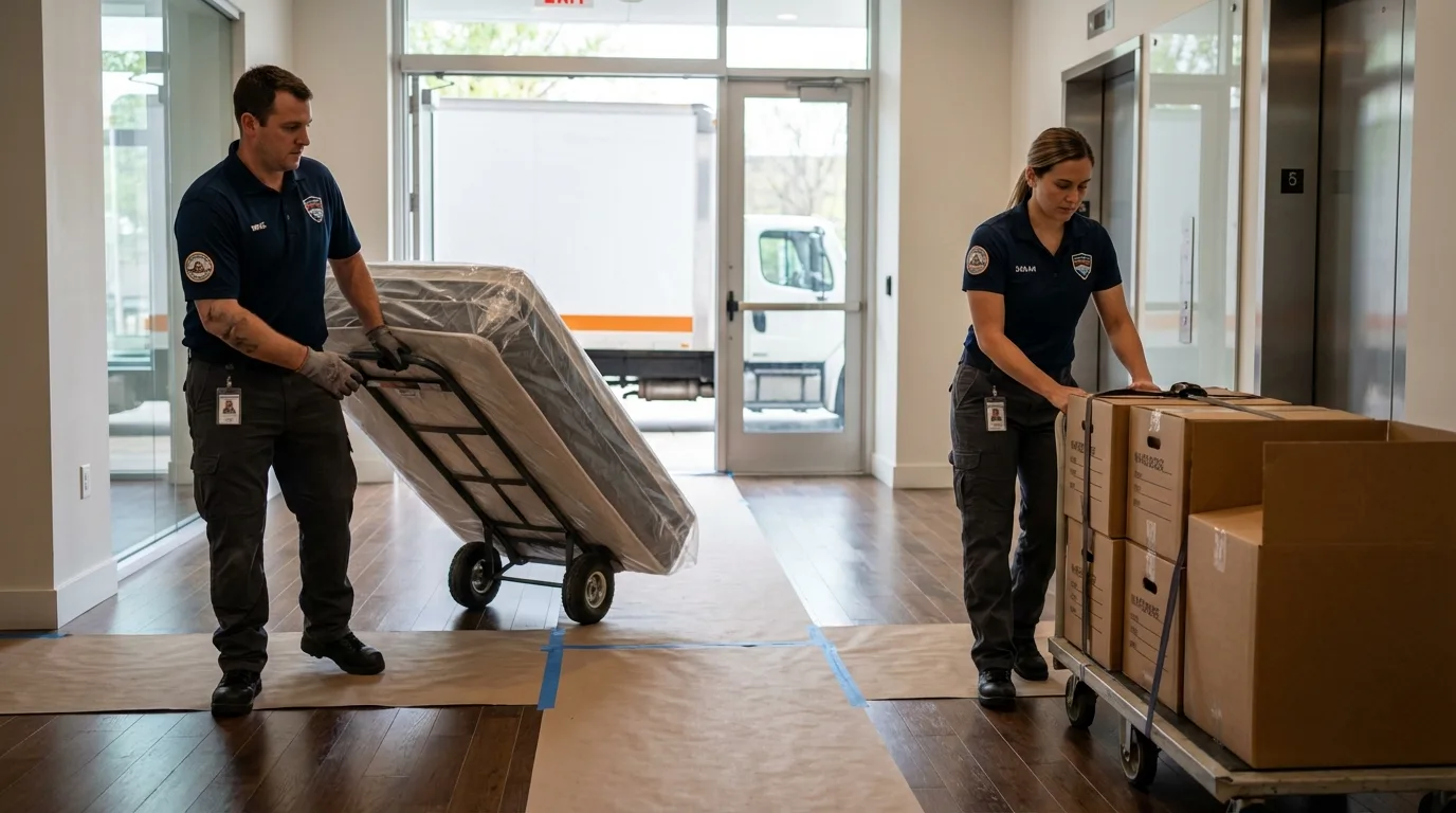 Professional apartment movers loading elevator in Falls Creek, PA