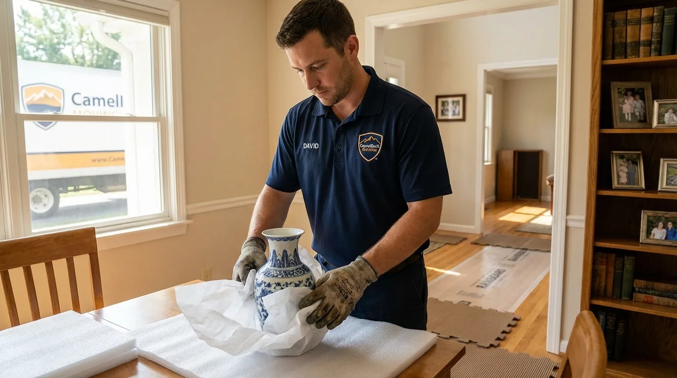 Professional crew carefully wrapping antique vase for senior downsizing move in Falls Creek, PA